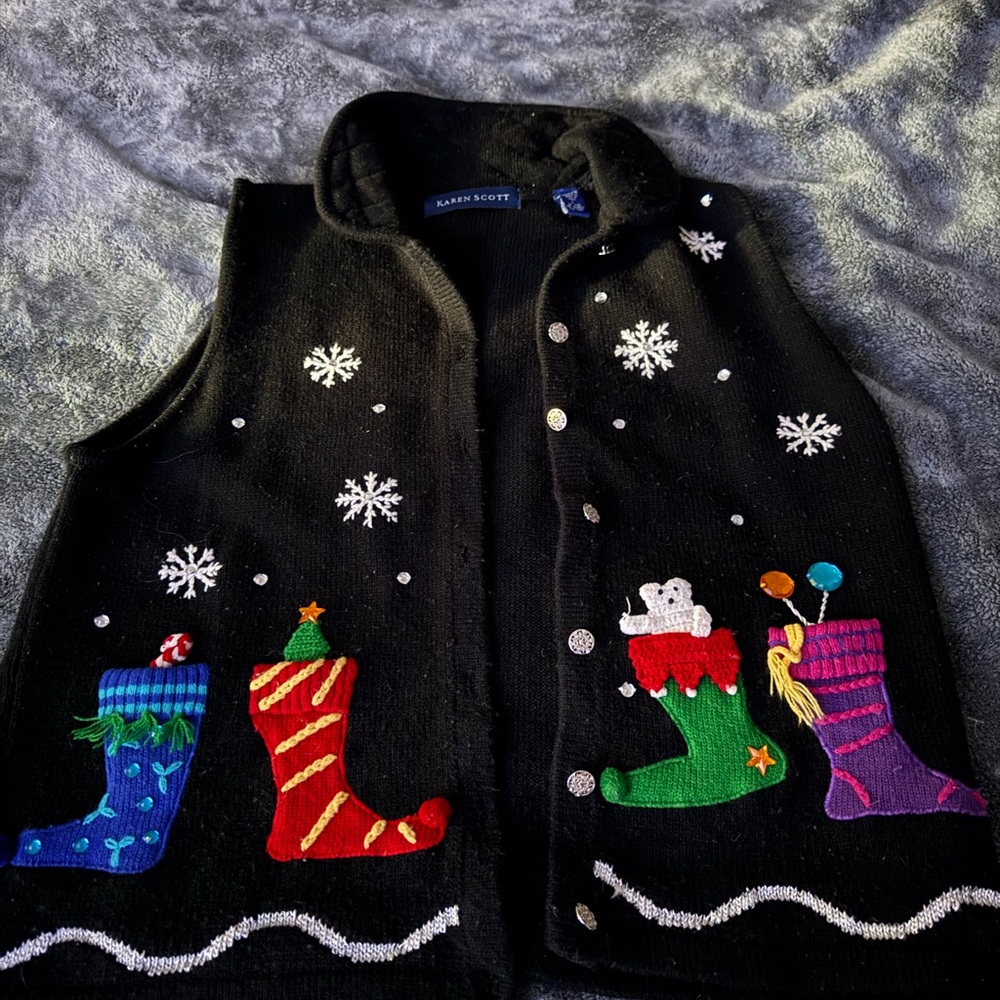 Karen Scott Black Vest with Festive Boot Design